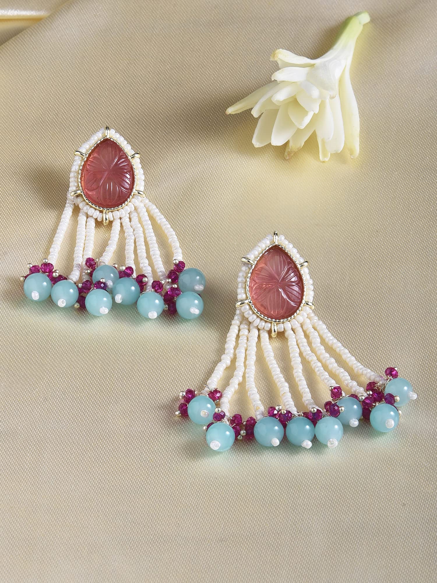 Stones & Beaded Chain Fringe Drop Earring For Women